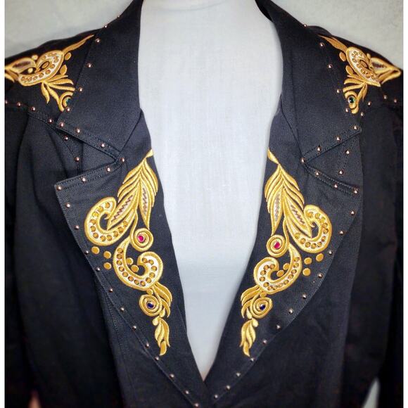 Vintage JenJen Darian 1980s Denim Blazer Jacket Gold Jewels Embroidery Studs 2X - Picture 2 of 15